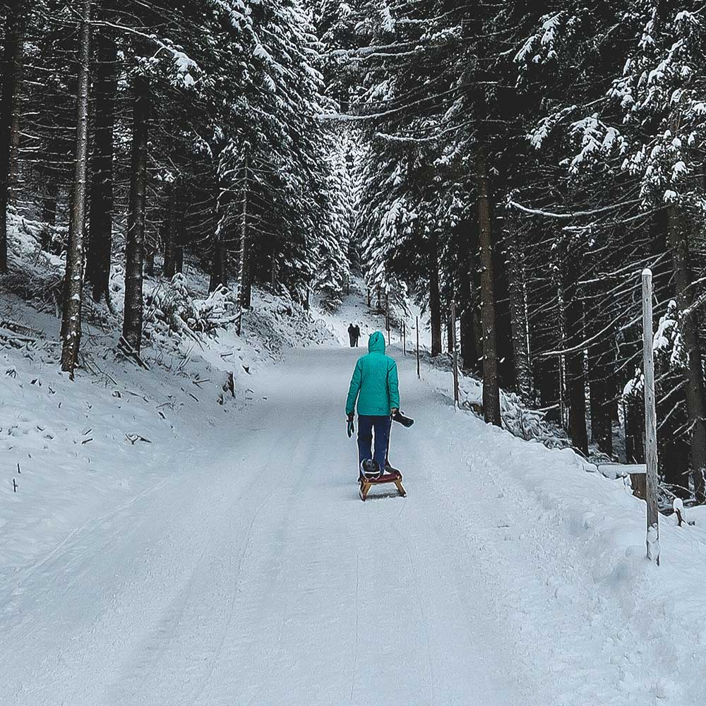 Schlitten wird durch den Schnee gezogen