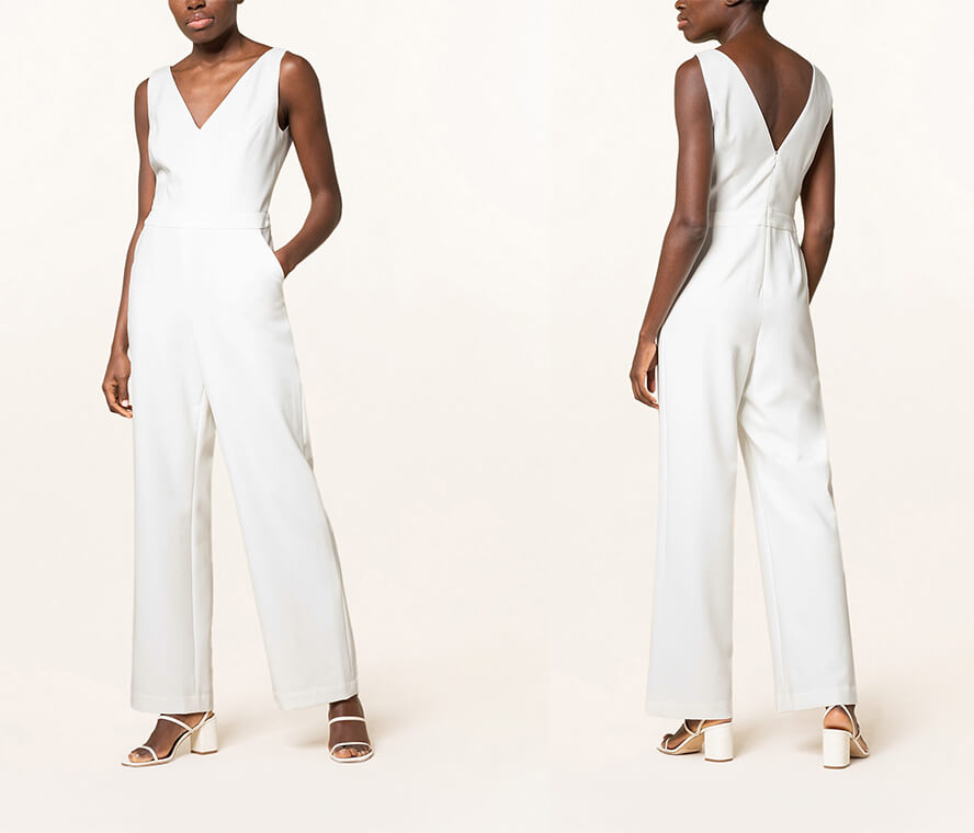 Eleganter weisser Jumpsuit fürs Standesamt mit weissen Heels