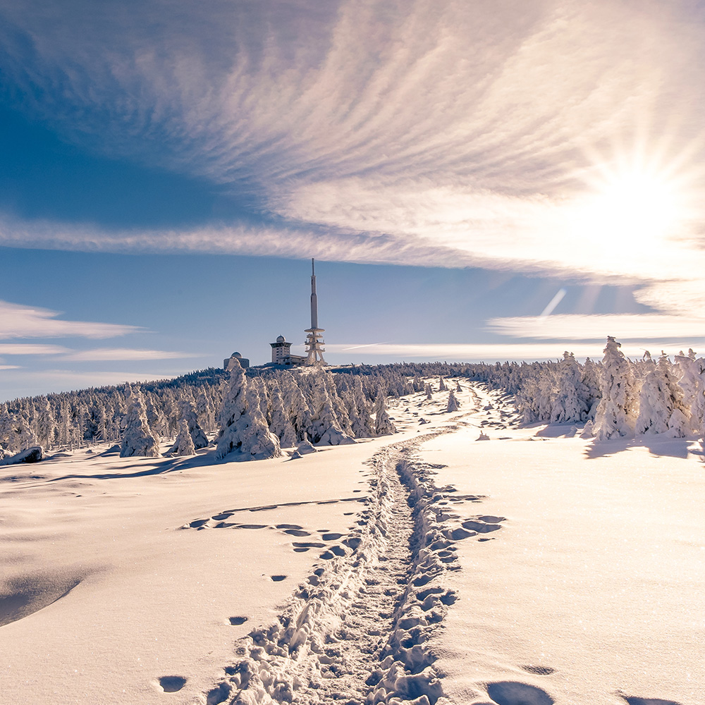 Schneebedeckte Landschaft mit Sicht hoch auf den Brocken