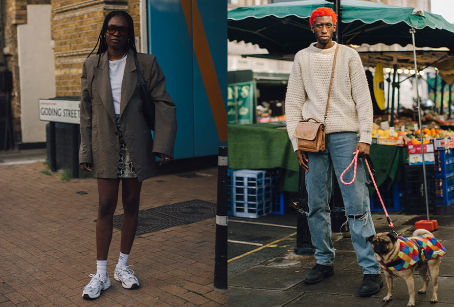 Frau im Denim-Look mit Sneaker und Mann mit legerem Outfit und Turnschuhen