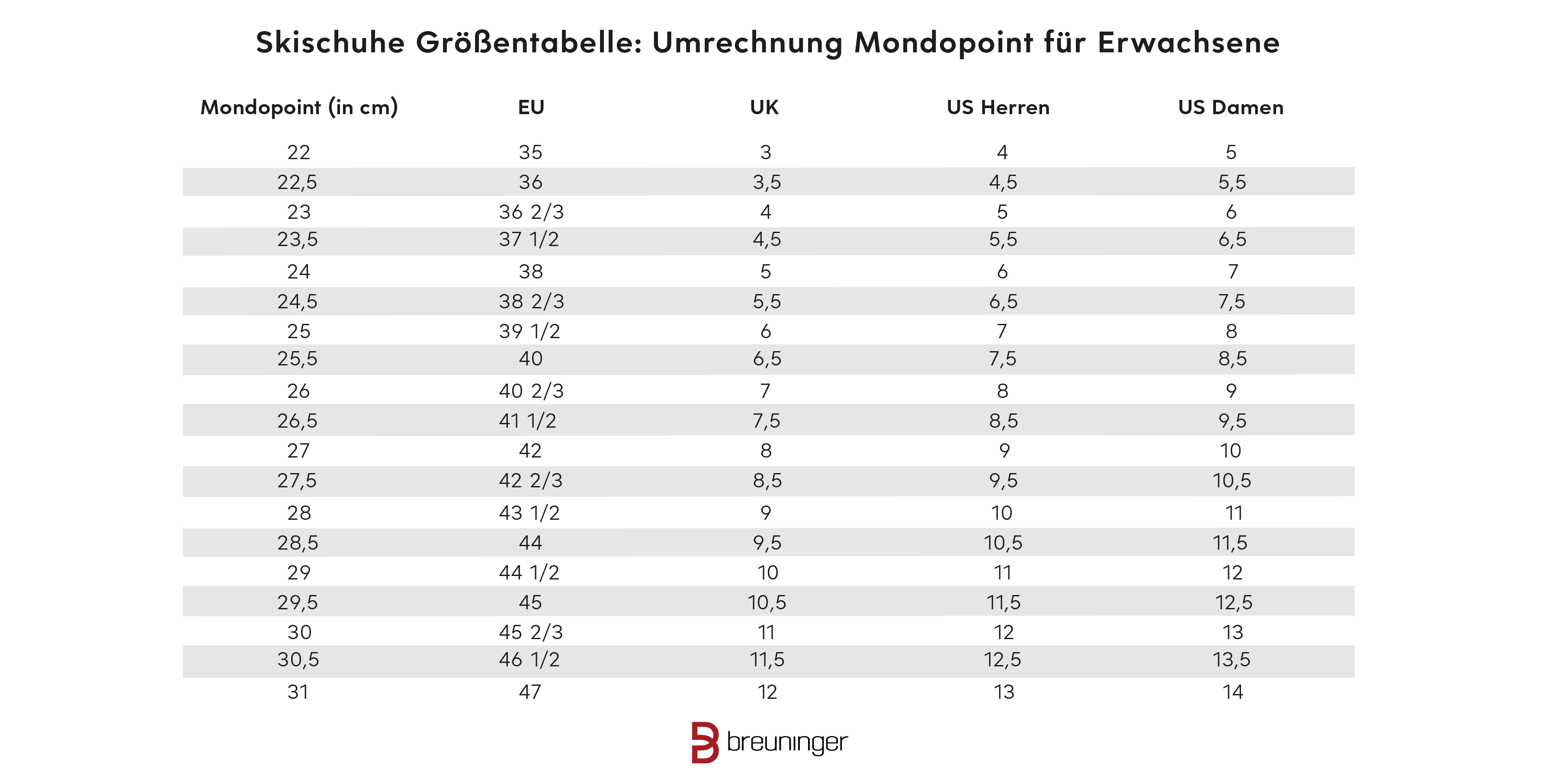 Umrechnung Skischuh